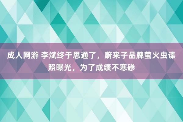 成人网游 李斌终于思通了，蔚来子品牌萤火虫谍照曝光，为了成绩不寒碜